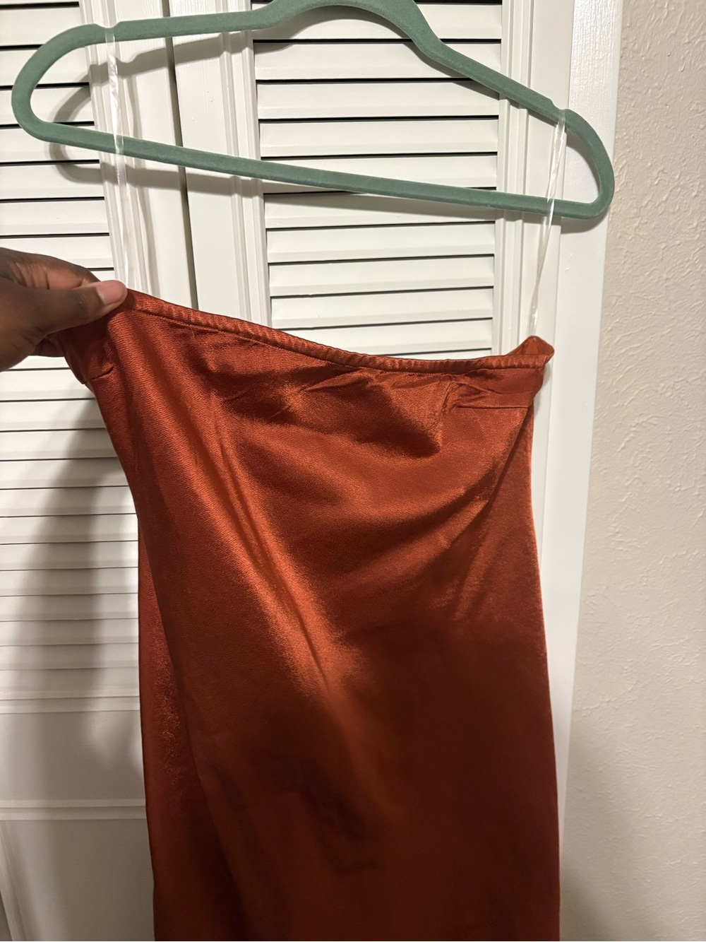 Meshki Strapless Satin Gown in Burnt Orange - Picture 4 of 4